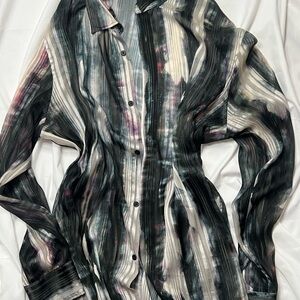 Zara Sheer Painterly Stripe Blouse in Black, Cream & Teal